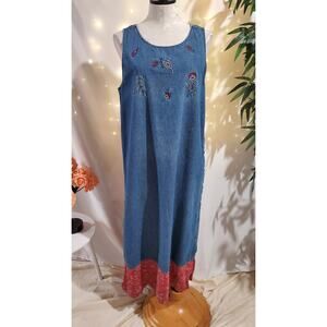 Vtg Erika & Co 90s Embroidered Floral Denim Button Maxi Jean Jumper Dress Size L